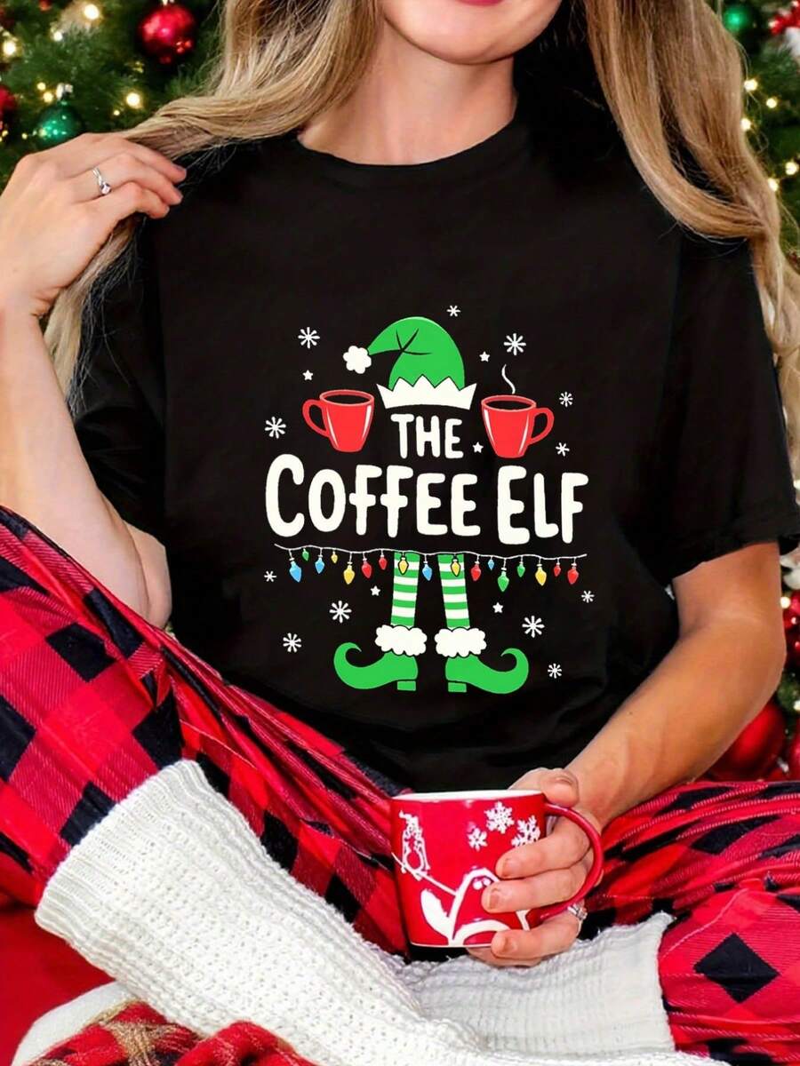 Women's Christmas Clothing Cottonblend Women's T-Shirt Comfortable Fabric With Relaxed Fit Suitable For Casual Wear And Parties Fashion Print Anime Halloween T-Shirt Round Neck Christmas Women's T-Shirt Machine Washable Local Delivery - 黑色 - 查看 1