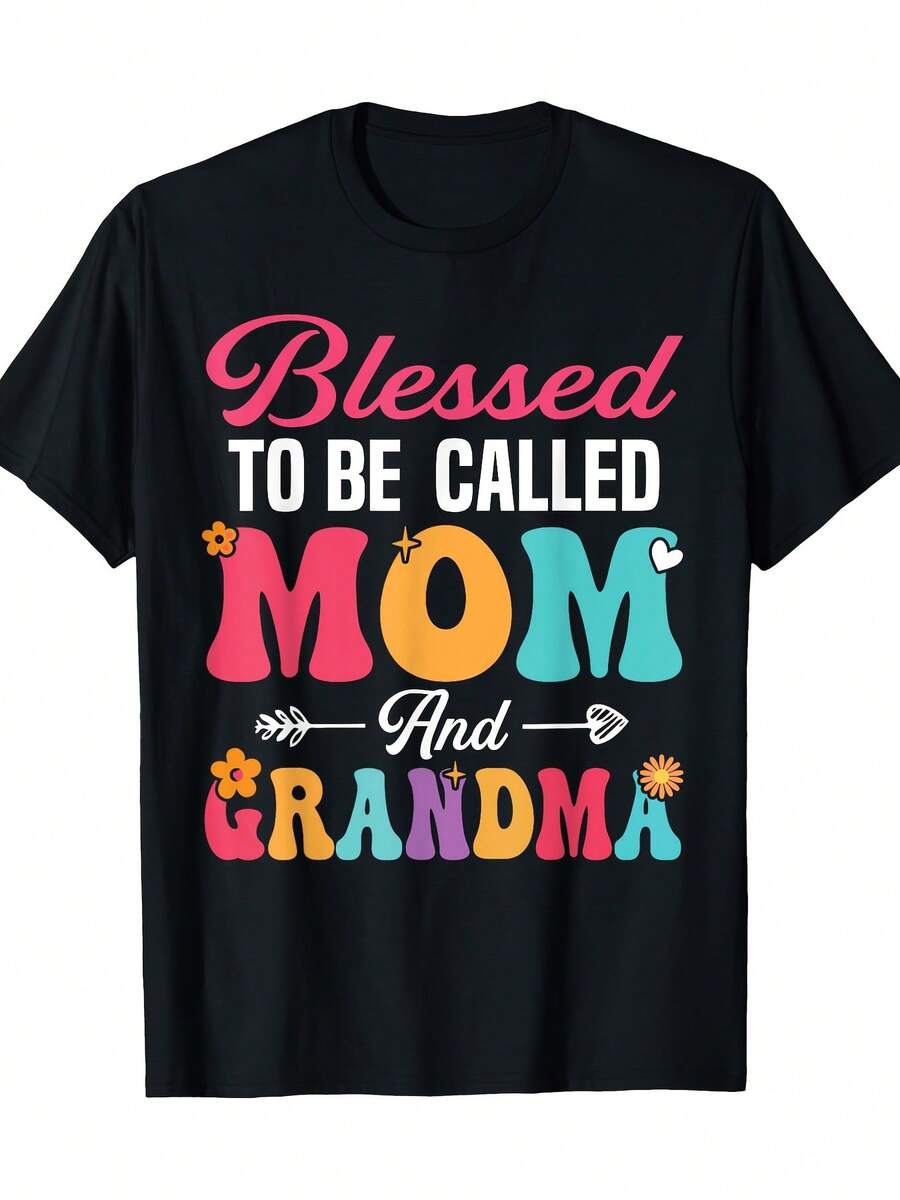 Plus Size, divertido "bendito a ser llamado mamá y abuela" camiseta - 100% coincidencia adecuado para mamá y abuela, cuello de tripulación casual manga corta primavera verano trajes, regalo del día de la madre (impresión geométrica)