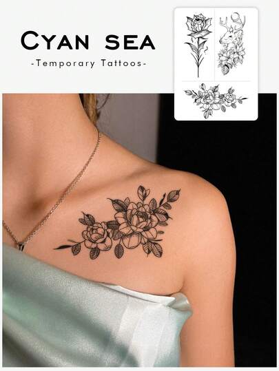 1 pièce Autocollant, Collection florale de style pointillé sombre avec rose et renne, Tatouage temporaire, Pour les bras, l'abdomen, Non réfléchissant, Tatouage réaliste, Convient pour tous, Pour un usage quotidien, Dure 3-5 jours