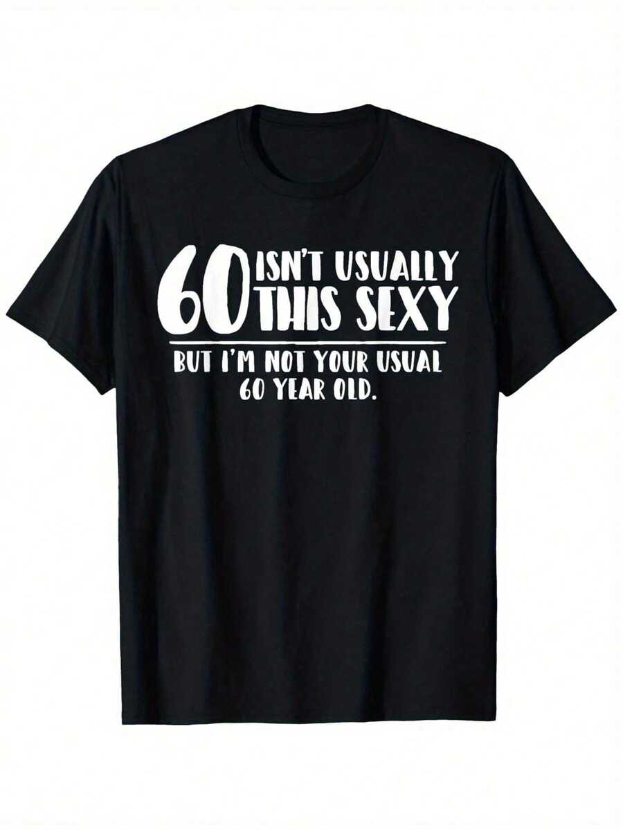 MenS 60th Birthday-Shirt - 60 IsnUsually This Humorous Print Black With White Text Regular Fit Short Sleeve Casual Tee W - Black - View 1