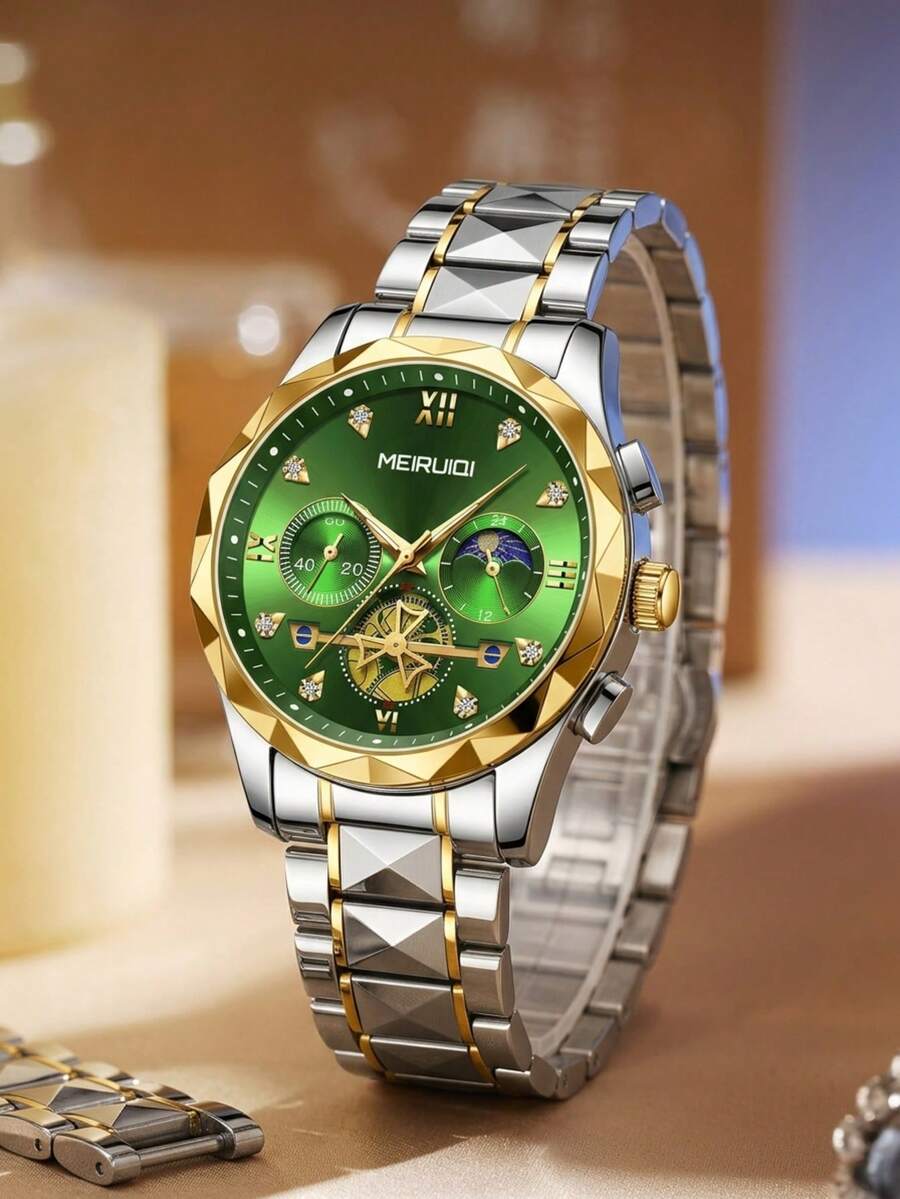 1pc Men's Stainless Steel Band Fashionable Moon Phase Multi-Function Quartz Wristwatch, Korean Style - A - View 1