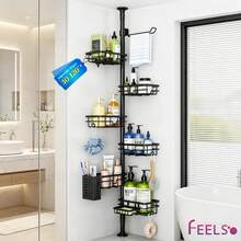FEELSO Corner Shower Caddy Tension Pole, Adjustable 30-120 Inch Bathroom Organizer Storage, Rustproof 6-Tier Shower Corner Shelves, Towel Rack, Toothbrush Holder, Soap Dish Organizers - 黑色 - 查看 1