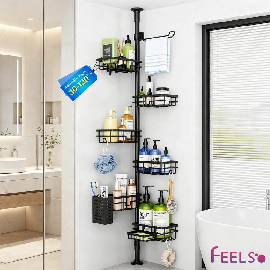 FEELSO Corner Shower Caddy Tension Pole, Adjustable 30-120 Inch Bathroom Organizer Storage, Rustproof 6-Tier Shower Corner Shelves, Towel Rack, Toothbrush Holder, Soap Dish Organizers - 黑色 - 查看 1