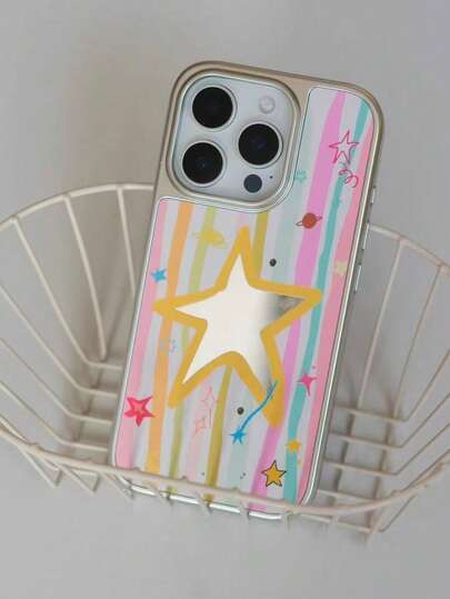 1pc Colorful Striped Star Mirror Phone Case, Summer Phone Case, Mirror Phone Protective Cover Can Be Used As Makeup Mirror, Compatible With IPhone 16/17/11/12/13/14/15/Plus/Pro/Pro Max