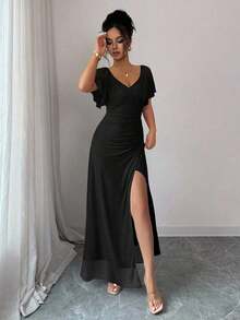 Vestido morado claro con cuello en V, mangas con volantes, cintura plisada y abertura, vestido elegante de dama de honor, vestido de fiesta, primavera/verano - Negro - Ver 4