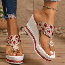 Sandal đế xuồng quai ngang kiểu Bohemian mùa hè dành cho nữ, nhiều màu sắc, đính đá, thoải mái, nhẹ, thích hợp cho du lịch. - Đỏ - Xem 3