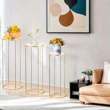 1PC/3PCS Golden Metal Cylinder Pedestal Stands With Acrylic Plates – Elegant Round Display Columns Party Decor, Vases, And Home Accents – Birthday, Wedding, Or Event Backdrops, Wedding Decor Platforms| Contemporary Design| Acrylic Top Plate, Decorative Objects - Gold - View 7