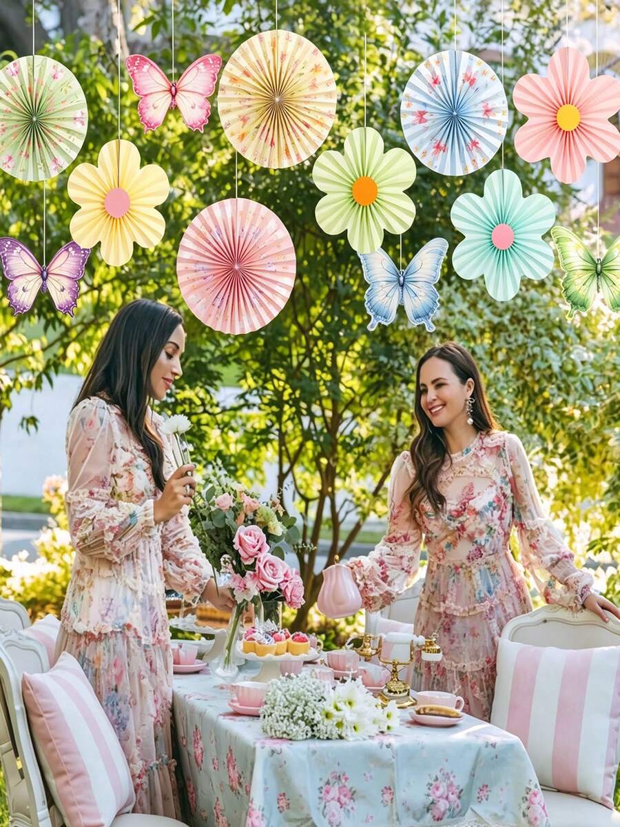 12 piezas Decoraciones de flores de papel de colores suaves, abanico de papel con mariposas y flores de primavera para colgar en el jardín, adecuado para fiestas de cumpleaños con tema de flores silvestres de primavera/verano, suministros para decoración de fondo del hogar - Multicolor - Ver 1