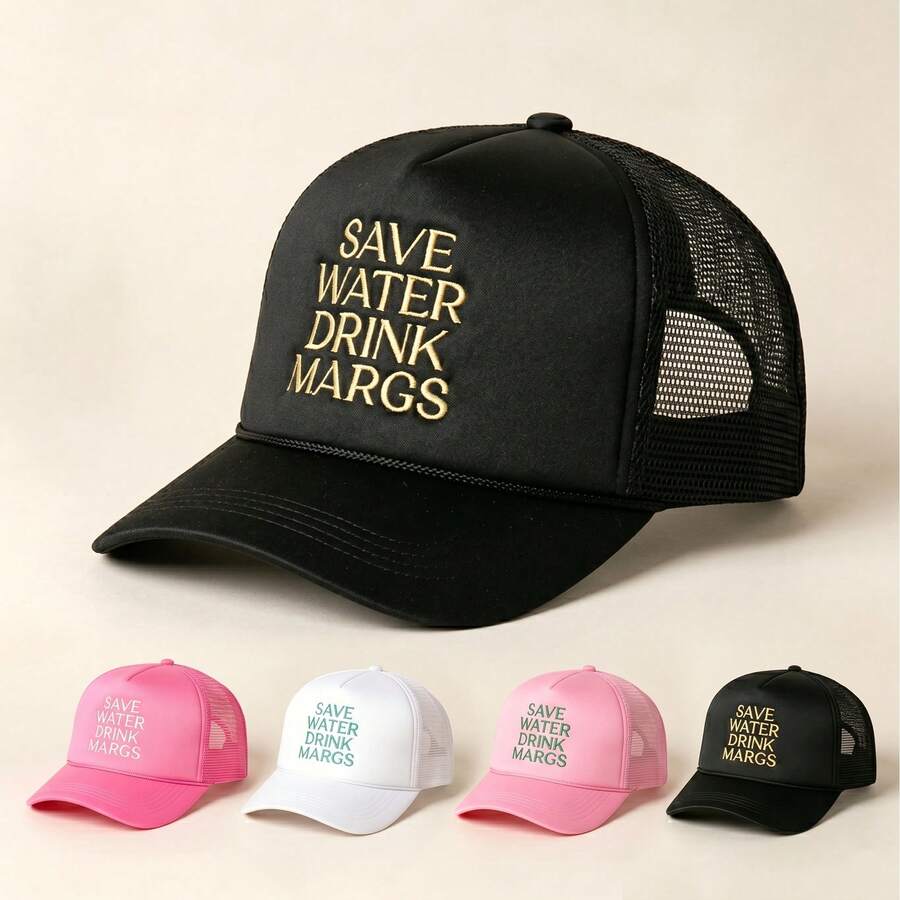 Mũ chống nắng (1/3 chiếc), mũ lưỡi trai lưới thêu chữ "Save Water Drink Margarita" có dây rút điều chỉnh, thích hợp cho du lịch mùa xuân/thu. - nhiều màu - Xem 1