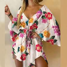 Vestido estampado para mujer, Sexy, con cuello en V, manga murciélago, volantes, estampado de flores, vestido veraniego bohemio para playa, Mini vestidos sueltos para vacaciones de verano - Fucsia - Ver 4