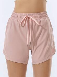 Pantalones cortos deportivos sueltos de cintura alta para mujer, pantalones deportivos antideslumbrantes de doble capa para yoga, correr, ropa de abrigo de entrenamiento de secado rápido - Rosa - Ver 3