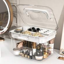 1pc Portable Clear Makeup Storage Box, Dustproof Double-Layer Cosmetic Organizer With Handle, Large Capacity Travel Beauty Case - Multicolor - View 7