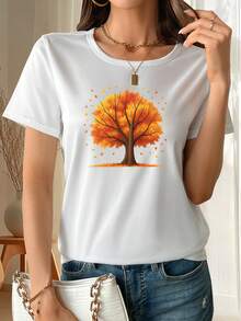 Camiseta impresa "Árbol de otoño", camiseta de verano, camiseta, camiseta de cuello redondo - Blanco - Ver 2