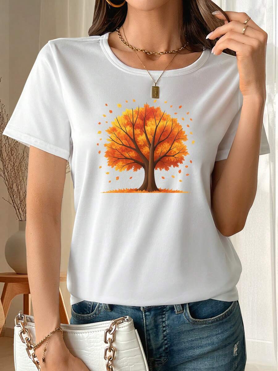 Camiseta impresa "Árbol de otoño", camiseta de verano, camiseta, camiseta de cuello redondo