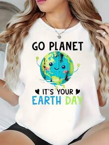 Women's Earth Day Graphic T-Shirt - "Go Planet It's Your Earth Day" Print, Casual Crew Neck Short Sleeve T-Shirt, Soft And Comfortable Fabric, Perfect For Spring/Summer Wear, Spring/Summer Clothes | Playful Design T-Shirt | Machine Washable Top - 白色 - 查看 1