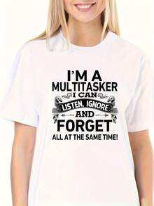 Women's Casual Crew Neck T-Shirt - "I'm A Multitasker" Fun Graphic Print, 100% Polyester Knit Fabric, Lightweight And Comfortable For Home, Outdoors, Work Or Party - 白色 - 查看 1