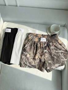 Set de 3 shorts casuales con estampado de lunares, estampado de leopardo claro y estampado de leopardo marrón oscuro, de tela tejida, adecuados para uso diario, set de shorts con estampado de camuflaje, adecuados para el uso diario, citas, fiestas, otoño/invierno/verano, Navidad, Año Nuevo, Acción de Gracias, fiestas, bodas, playa, ceremonias de graduación, moda, elegante, casual, salidas, citas, reservas, viajes, brillante, Día de San Valentín, elegante, vacaciones, casual, Y2K, salidas, ceremonias de graduación y otras ocasiones. - Blanco y Negro - Ver 4