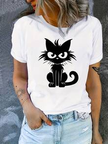 Adorable furioso gato negro imprimir camiseta - cómodo y suelto ajuste, perfecto para los amantes de las mascotas, desgaste informal, lavable en máquina - moda de mujer - Blanco - Ver 2
