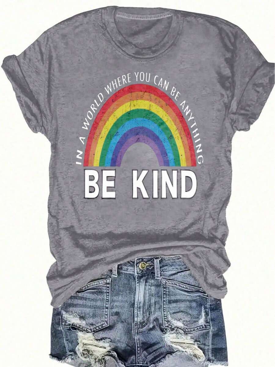 Women's Reading Rainbow Graphic Tee With Book Design Tee, Soft, Heavyweight, Fitted Fit, Print, Graphic, Design, Book, Rainbow Print, For Casual - 灰色-4 - 查看 1