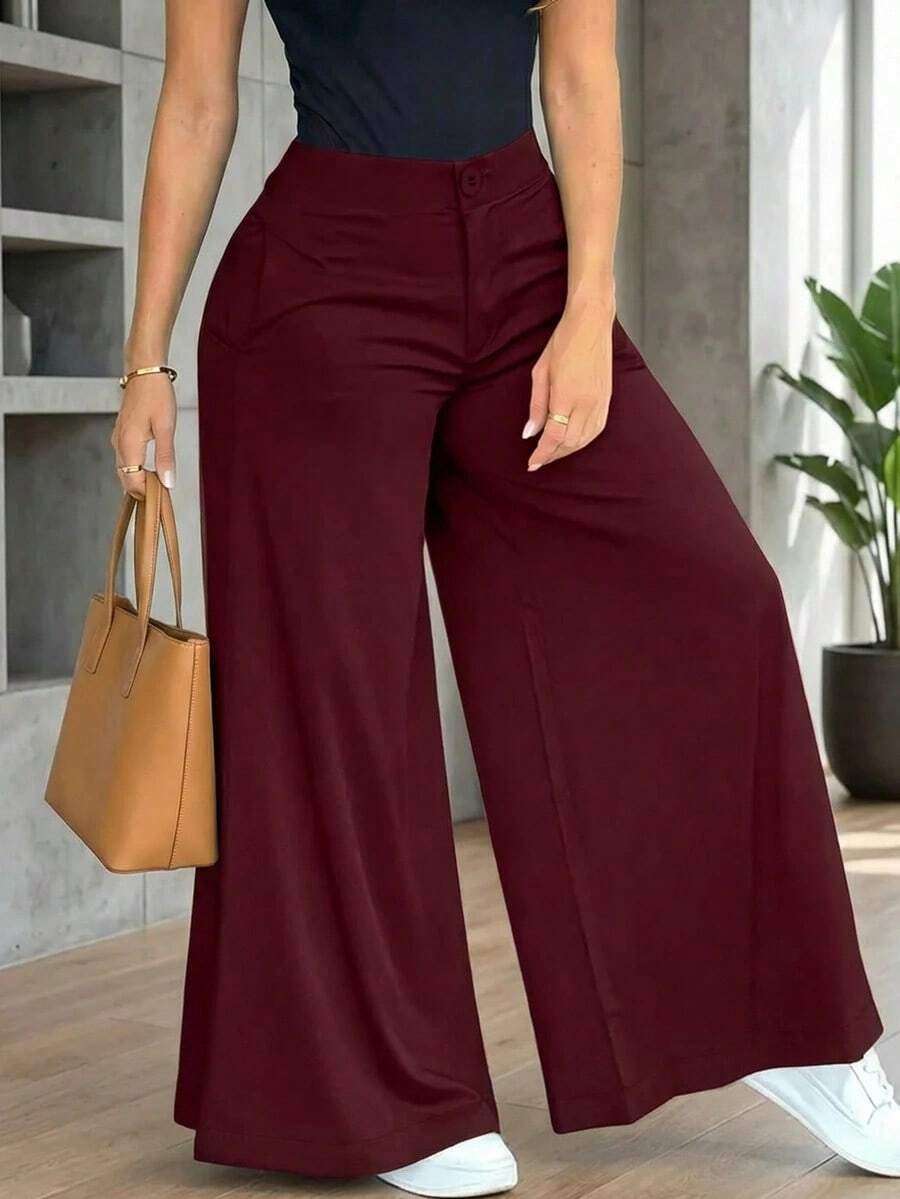 Pantalones anchos y sueltos de unicolor y casual para mujer, elegantes y minimalistas, de color negro para la primavera - Burdeos - Ver 1