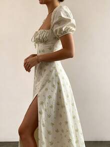 2026 Spring New Women's Clothing: Cross-Border European And American Dress, Elegant Floral Print Long Dress With Slit And Tie - 白綠色 - 查看 3