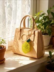 Sparkling Rhinestone Lemon Keychain, Cute Fruit Keyring, Gold Tone Bag Charm For - Yellow - View 6