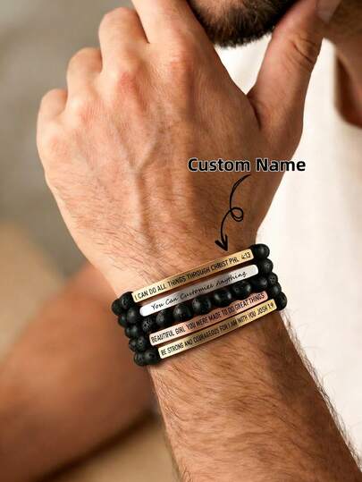 1 pieza Pulsera personalizada de piedra natural para hombre, pulsera de cuentas de piedra natural negra de 6 mm, placa curva de acero inoxidable con texto grabado por láser, nombre, pulsera de cumpleaños, pulsera personalizada con nombre para padre, pulsera con nombre, pulsera grabada por láser, pulsera de obsidiana negra grabada, pulsera de cuentas personalizada con texto, joyería de pulsera elástica, pulsera de Navidad personalizada, pulsera de aniversario personalizada para novio