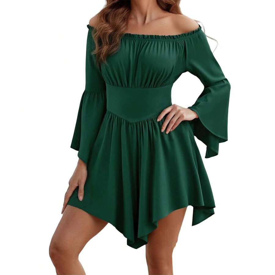 Vestido asimétrico por encima de la rodilla para mujer, manga larga acampanada, hombros descubiertos, sin tirantes, Color sólido, cintura ahumada - D - Ver 1