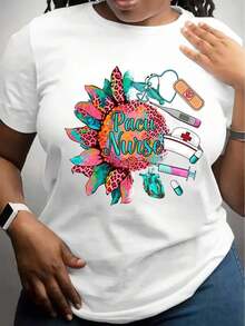 T-Shirt With Colorful Sunflower And Pacu Design For Nurses, Medical Design For Healthcare Professionals. - 白色 - 查看 1