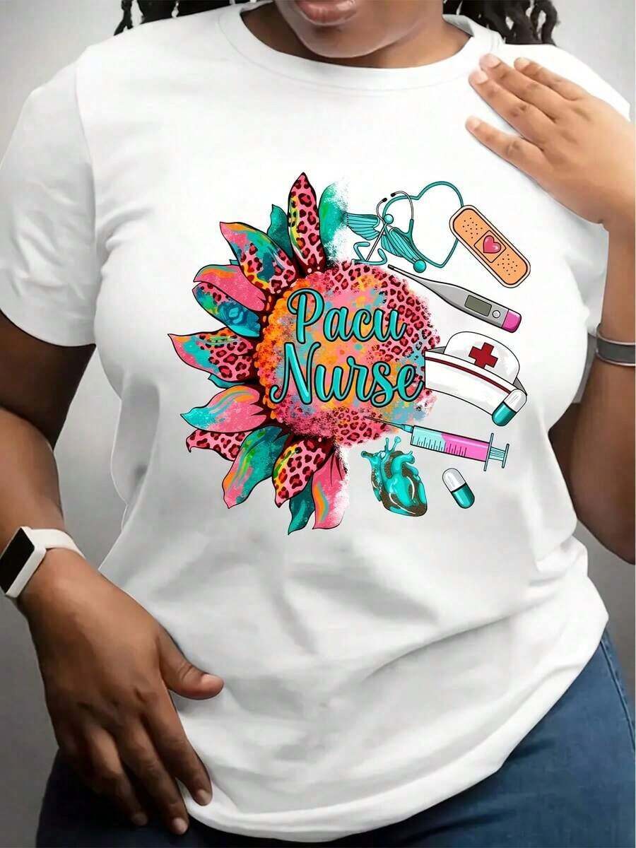 T-Shirt With Colorful Sunflower And Pacu Design For Nurses, Medical Design For Healthcare Professionals. - 白色 - 查看 1