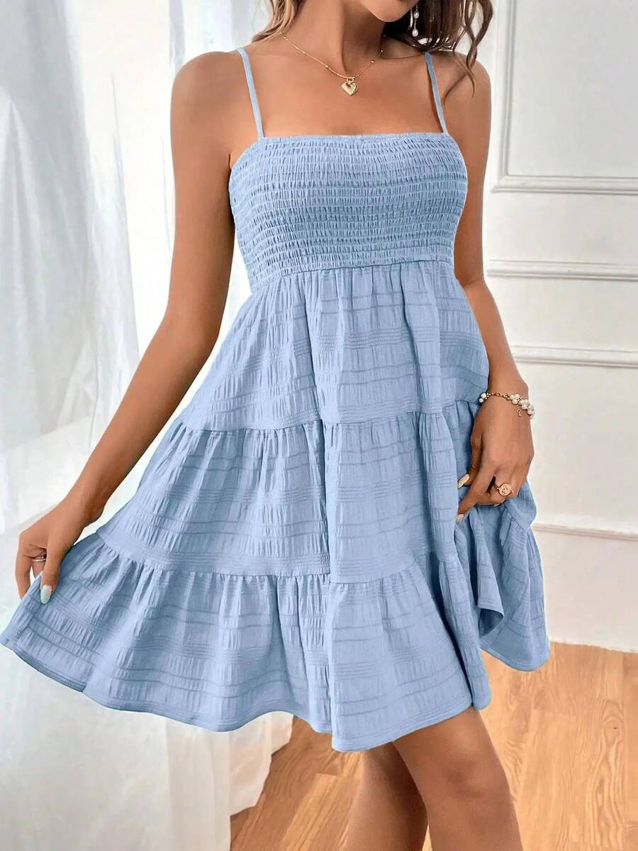 Vestido Mini de Tirantes Finos con Escote Fruncido para Mujer, Vestido Azul con Volantes en Capas, Vestido Informal de Verano para Vacaciones en la Playa - azul claro - Ver 1