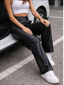 Wide Leg Faux Leather Pants - Negro - Ver 4