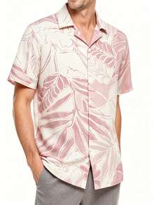 Men's Vintage Banknote Style Polyester Floral Digital Print Short Sleeve Shirt, Lightweight Casual Summer Holiday Wear - Baby Pink - View 4