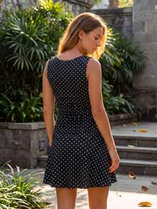 Women's Fitted Ruched Tank Mini Dress - Polka Dot Or Solid Color, Sleeveless Short Ruffled For Daily, Office  Party - Multicolor - View 6