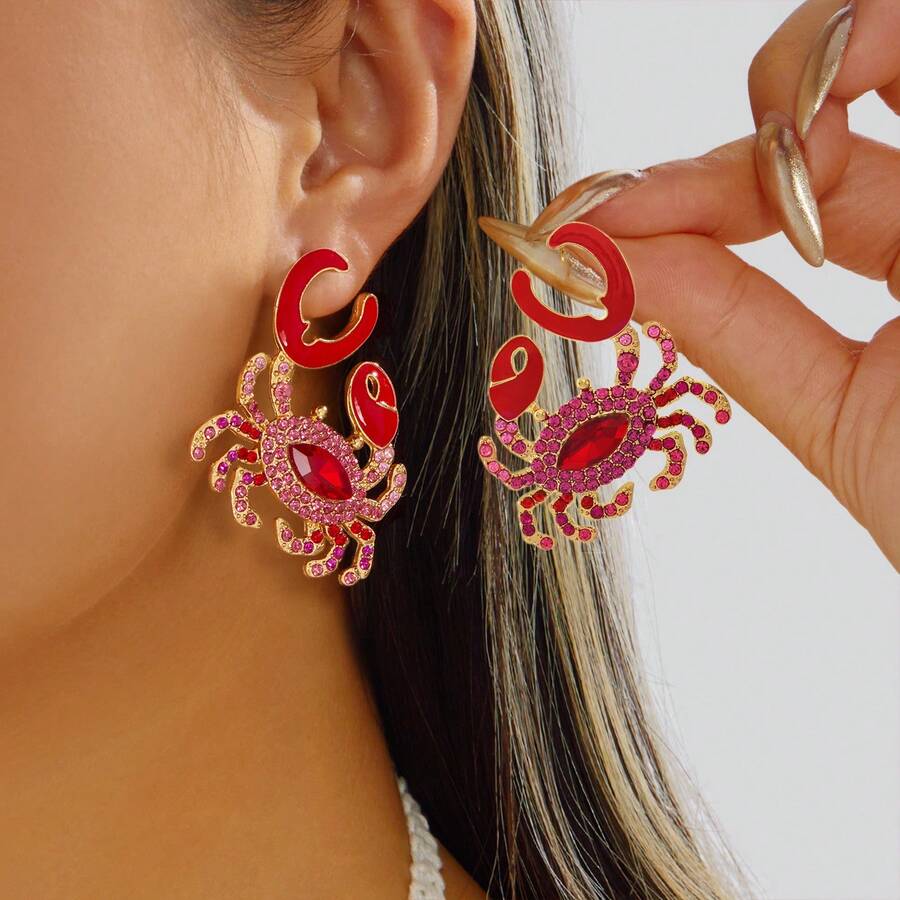 1 par de pendientes exagerados de cangrejo, estilo de nicho, vacaciones en la playa, pendientes de estrella de mar y perla - arete - Ver 1