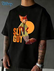 Disney Zootopia Nick Fox Printed T-Shirt, Cotton Graphic Tees,Camisas Para Hombre, Fun Printed T-Shirt, Disney Summer Casual Round Neck Shirt, Versatile For Summer Couples, Disney Shirt - 黑色 - 查看 2