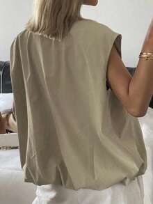 Chaleco sin mangas holgado para mujer, color beige sólido, cierre de cremallera y bolsillos con botones, estilo casual versátil, ideal para verano, uso diario, oficina, salidas informales y combinaciones con tops y pantalones casuales - Negro - Ver 7