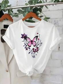Women's White Butterfly Floral Print Crew Neck T-Shirt - Soft And Breathable Summer Fabric, Loose Fit Short Sleeve Top With Green Pink Purple Blue Leaf Design, Machine Washable And Durable For Casual Wear (Sizes S-3XL) - 白色 - 查看 1