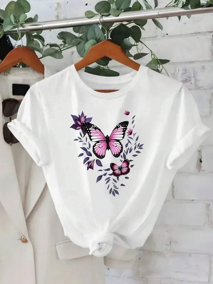 Women's White Butterfly Floral Print Crew Neck T-Shirt - Soft And Breathable Summer Fabric, Loose Fit Short Sleeve Top With Green Pink Purple Blue Leaf Design, Machine Washable And Durable For Casual Wear (Sizes S-3XL) - 白色 - 查看 1
