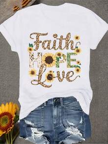 Plus Size Faith Hope Love T-Shirt - 100% Cotton Inspirational Clothing With Sunflower And Verse Design, Lightweight Quick-Drying Church Casual Wear, Preshrunk Fit (S-XXXL) - 白色 - 查看 1