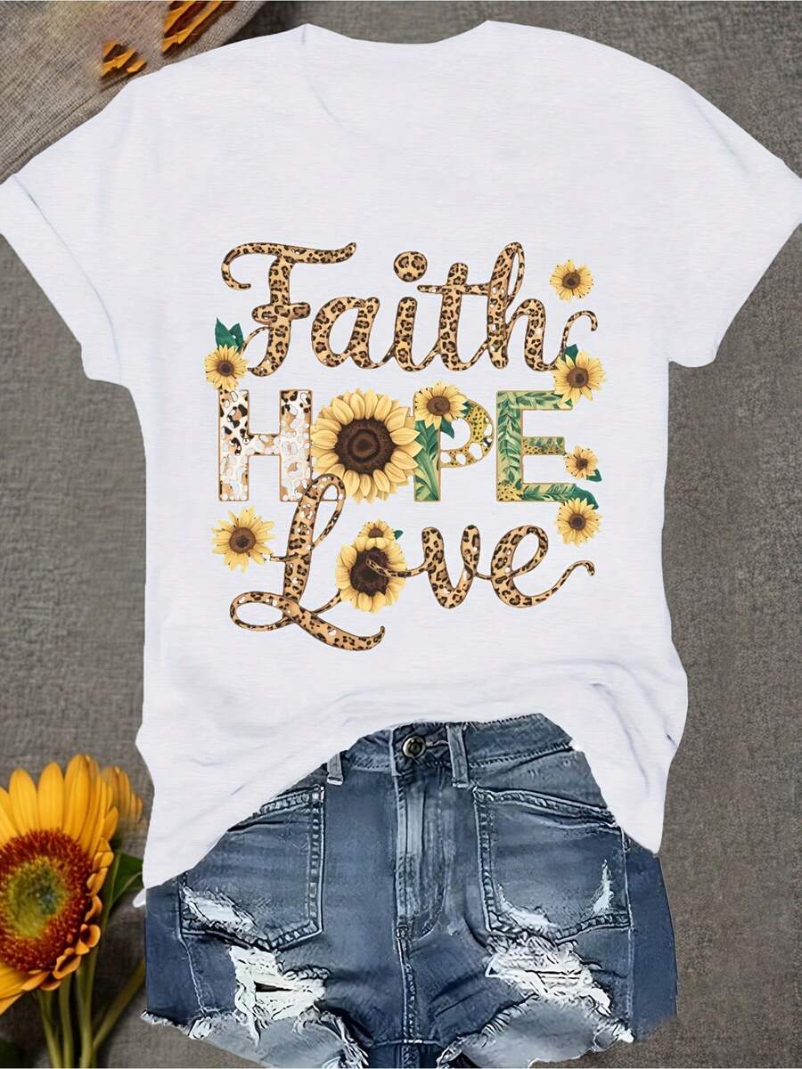 Plus Size Faith Hope Love T-Shirt - 100% Cotton Inspirational Clothing With Sunflower And Verse Design, Lightweight Quick-Drying Church Casual Wear, Preshrunk Fit (S-XXXL) - 白色 - 查看 1