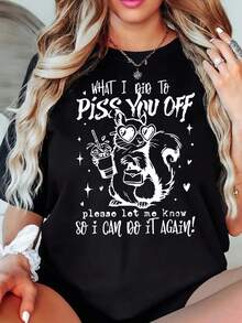 Women'S Short Sleeve, You Off Squirrel, Cute Squirrel Printed Tshirt, Casual Black Crew Neck Tshirt, Stretch, Machine Washable, Suitable For Springsummerfall - 黑色 - 查看 1
