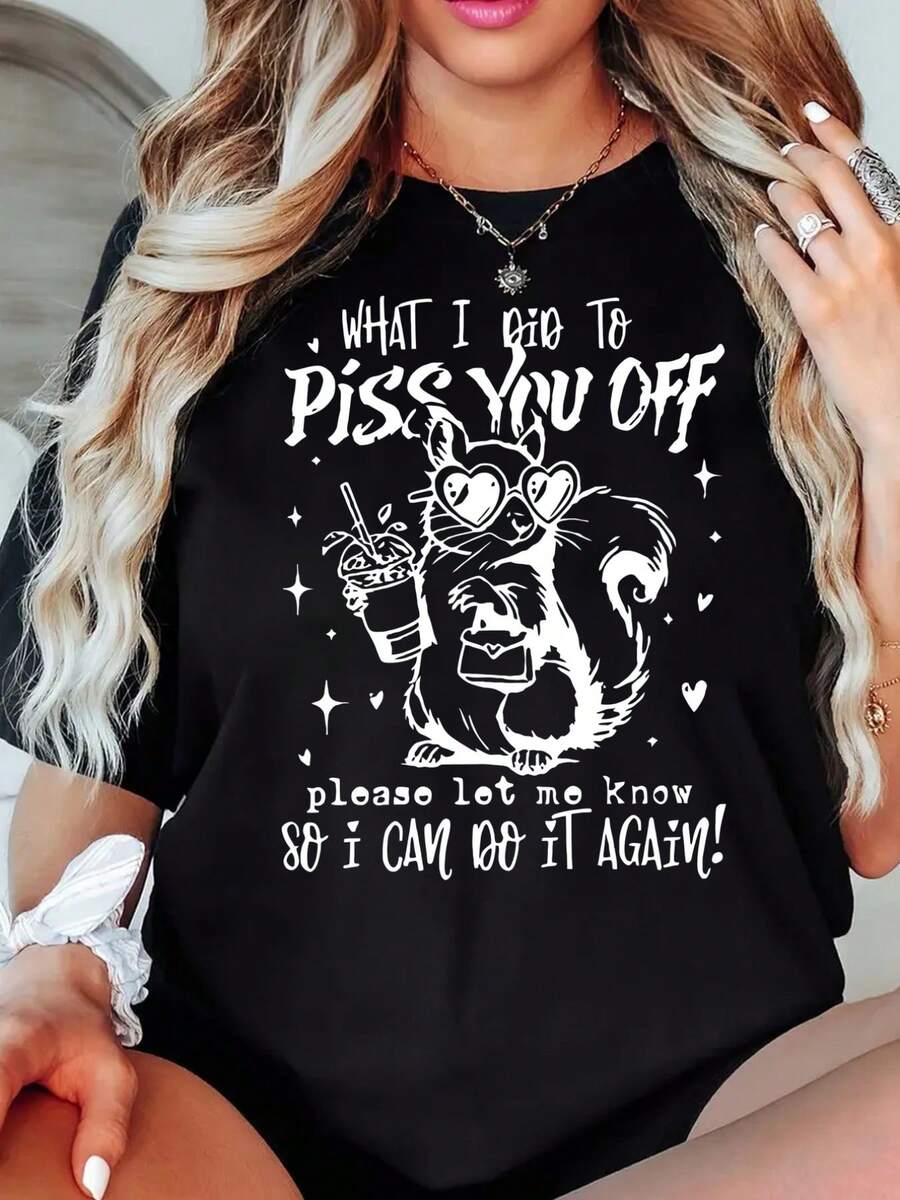 Women'S Short Sleeve, You Off Squirrel, Cute Squirrel Printed Tshirt, Casual Black Crew Neck Tshirt, Stretch, Machine Washable, Suitable For Springsummerfall - 黑色 - 查看 1