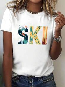 Women's Ski Graphic Winter Sports Print T-Shirt - Short Sleeve Crew Neck Casual Top With Geometric Mountain And Tree Design, Medium Stretch Comfort All Season, Machine Washable, Winter Gear, Comfortable Travel Wear, Bold Winter Design, Durable Fabric T-Shirt - 白色 - 查看 1