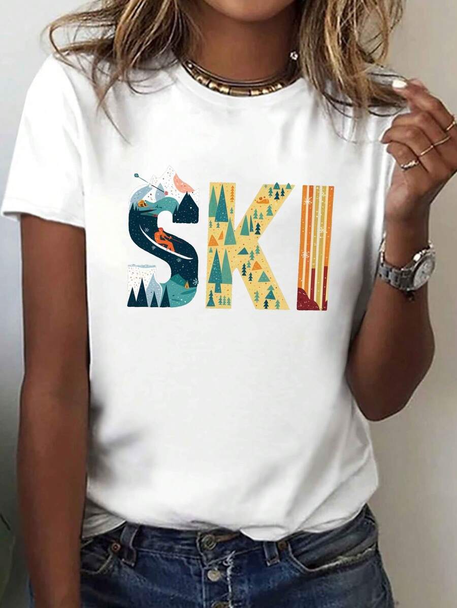 Women's Ski Graphic Winter Sports Print T-Shirt - Short Sleeve Crew Neck Casual Top With Geometric Mountain And Tree Design, Medium Stretch Comfort All Season, Machine Washable, Winter Gear, Comfortable Travel Wear, Bold Winter Design, Durable Fabric T-Shirt - 白色 - 查看 1
