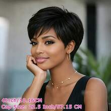 Short Straight Pixie Cut Human Hair Wig With Bangs For Women Layered Remy Brazilian Human Hair Wig Elastic Net Full Machine Made Human Hair Wig Natural Black Colored Wig Holiday Wear Party Wear Daily Wear Music Festival - Natural Black - View 10