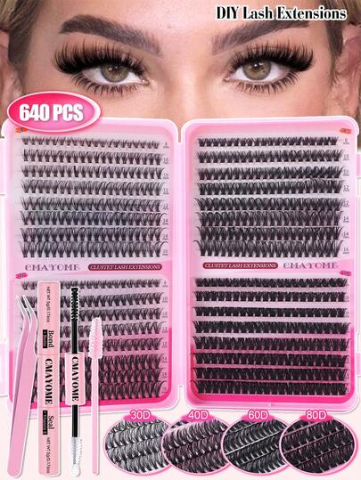640pcs D-Curl 30D+40D+60D+80D Mixed False Eyelash Book Set, Fluffy Thick Eyelash Clusters, 8-16mm DIY Home Eyelash Extension Kit, Includes D-Curl Eyelash Clusters, Glue, Tweezers, Brush, Suitable For Daily Wear, Travel, Photography, Party, Wedding And Makeup