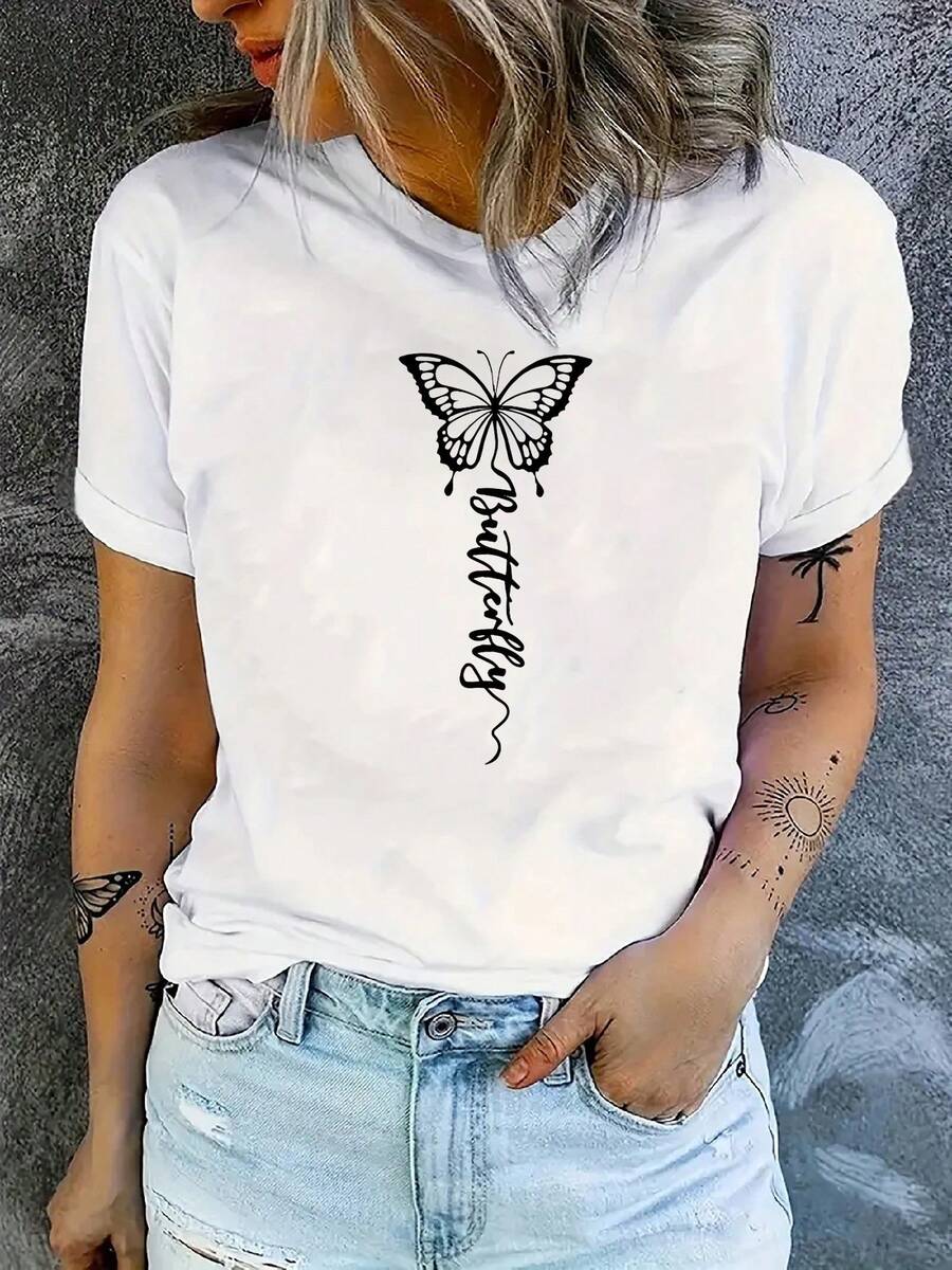 Camiseta de manga corta deportiva con impresión de mariposa elegante para mujeres | Cuello de tripulación cómodo y informal, lavable en máquina, toda la temporada, perfecto para fiestas y uso diario, pieza esencial