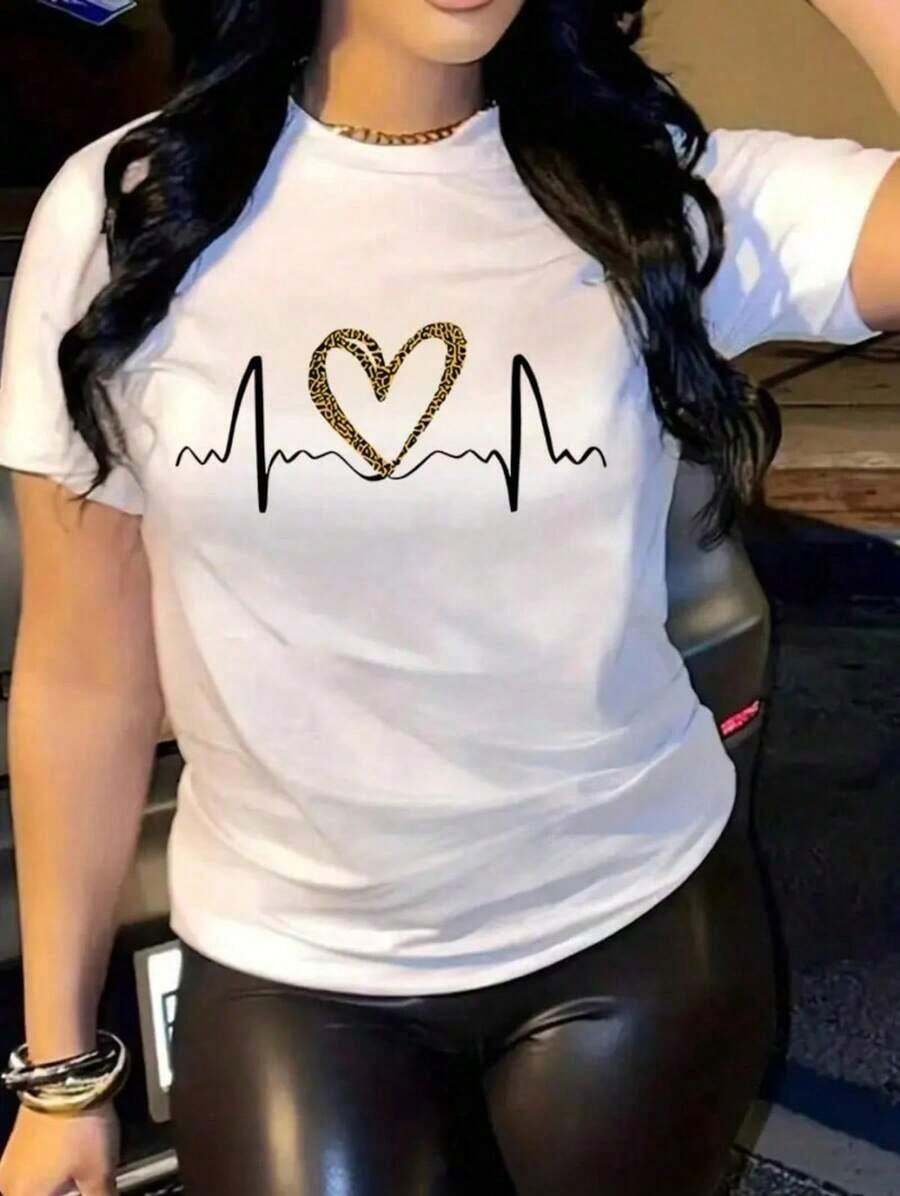 Short-Sleeved T-Shirt With Heart Print - بلانكو - مشاهدة 1