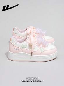 WARRIOR Women's 1 Pair Thick Sole Lace-Up Soft Bottom Casual Sneakers Low-Top Outdoor Flat Shoes Summer Commuter Shoes Round Toe Elegant Soft Sole Hiking Shoes For Students Graduation Photo Shoot Women's Low-Top Microfiber Sports Skateboard Shoes - Pink/Beige/Green - View 6